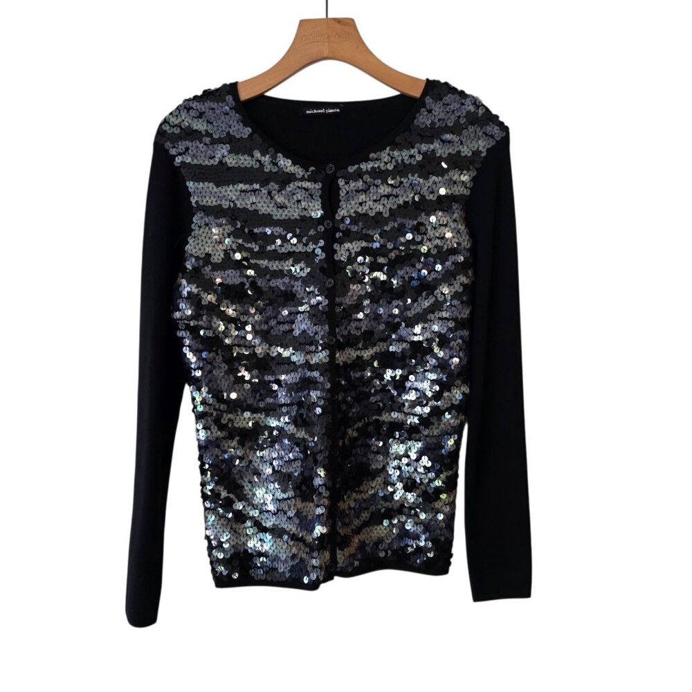Michael Simon Women's Button up Sweater Cardigan Sz S‎ Silver Sequins Party